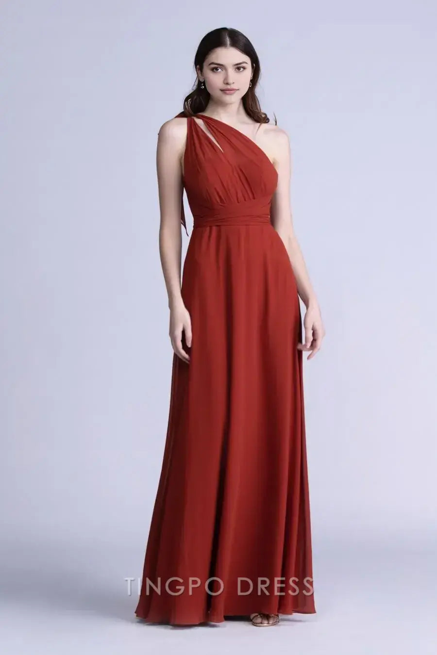 TingPo Wholesale Simple Rust Red One-Shoulder Chiffon Dress - Tie Waist Asymmetric Evening Gown